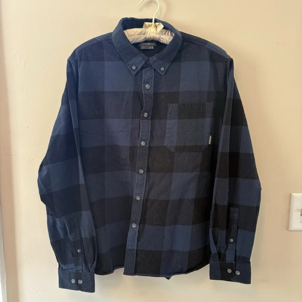 Eddie Bauer Men's Plaid‎ Flannel Button Up Shirt Green Blue XL 100% Cotton